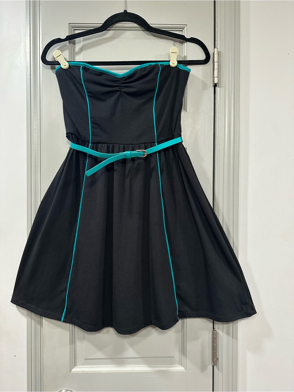 Xhilaration Black Strapless Dress with Teal Trim and Belt